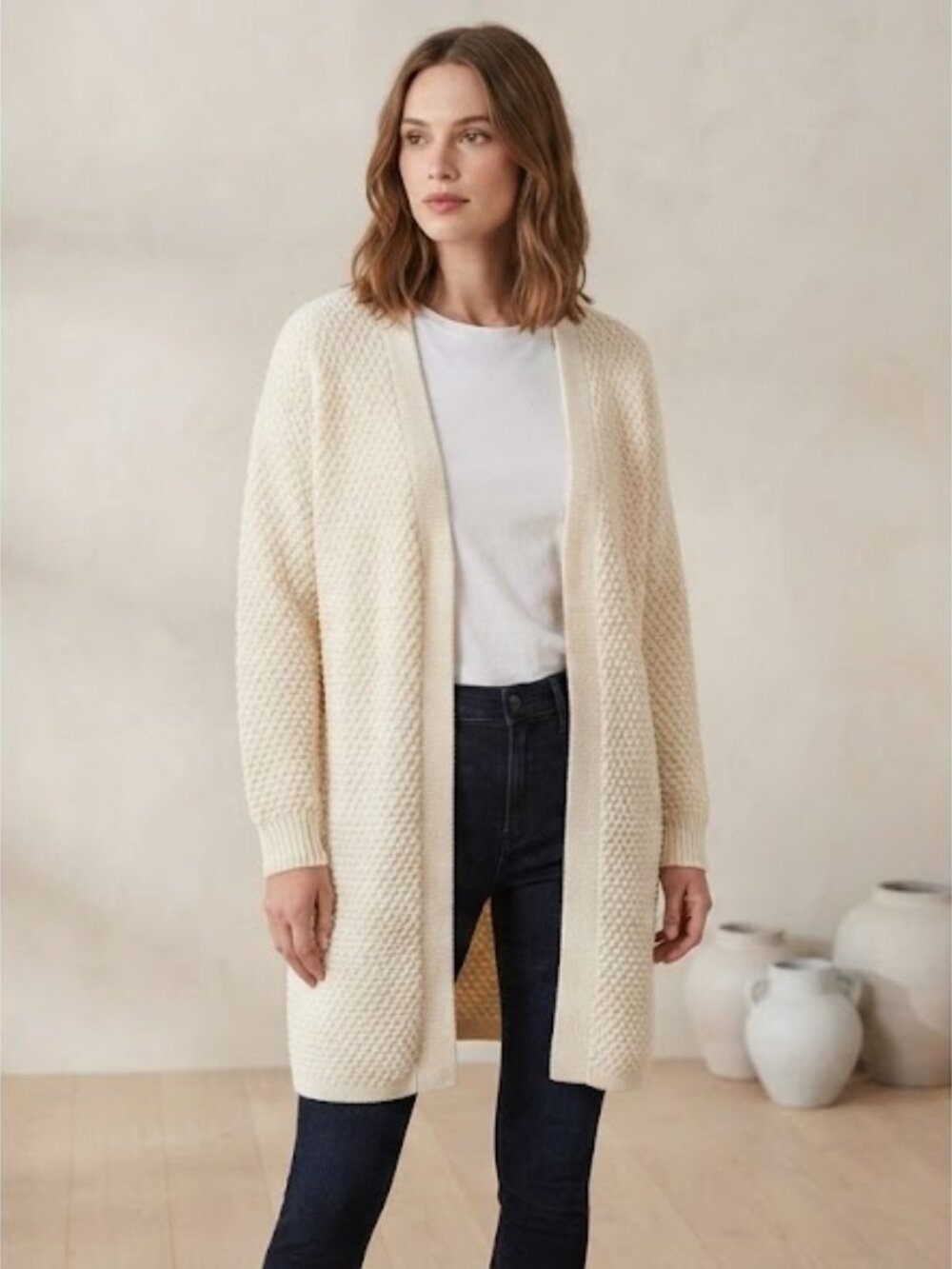 Cream Long Open-Front Knit Cardigan